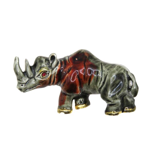 Vintage Rhino Brooch Pin Gold Tone Enamel Grey Red Rhinoceros With Gift Box - Picture 5 of 6